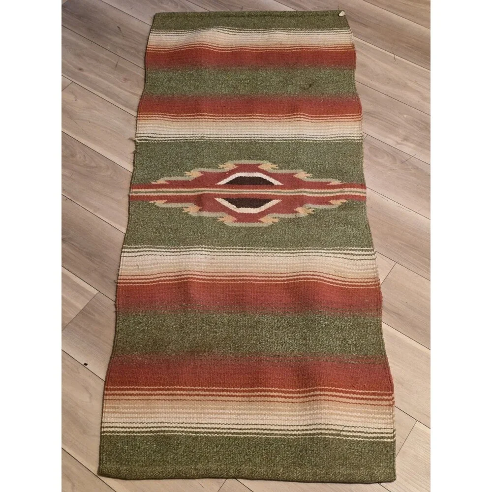 Vintage Mayatex Hand Woven Wool Rug Runner Southwestern Olive Rust 64x28